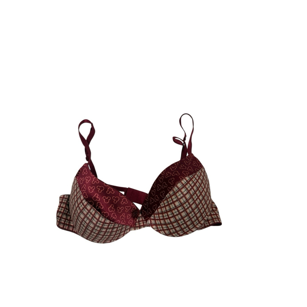 Disney Burgundy Plaid And Mouse Silhouette Bra Size 36C